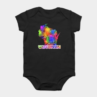 Colorful mandala art map of Wisconsin with text in multicolor pattern Baby Bodysuit